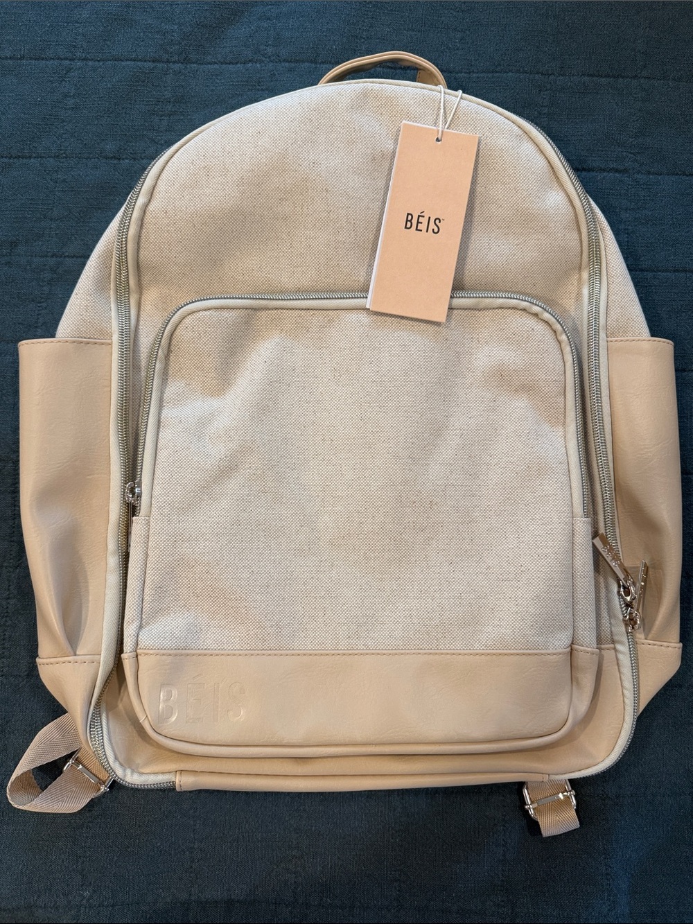 BEIS Travel Bacpack in Beige Canvas & Leather-Trim Backpack